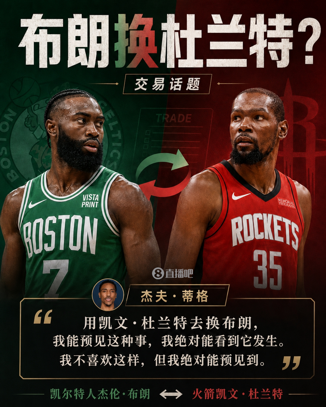 29岁换37岁？蒂格：我能预见KD与杰伦·布朗互换 这绝对有可能